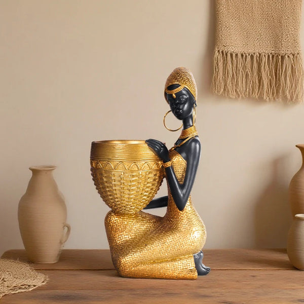 African Girl Holding a Plate Sculpture