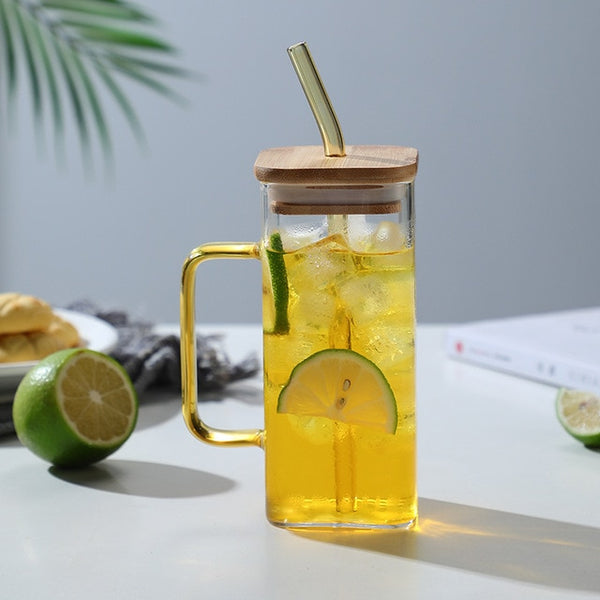 Stylish Square Glass Mug With Lid and Straw